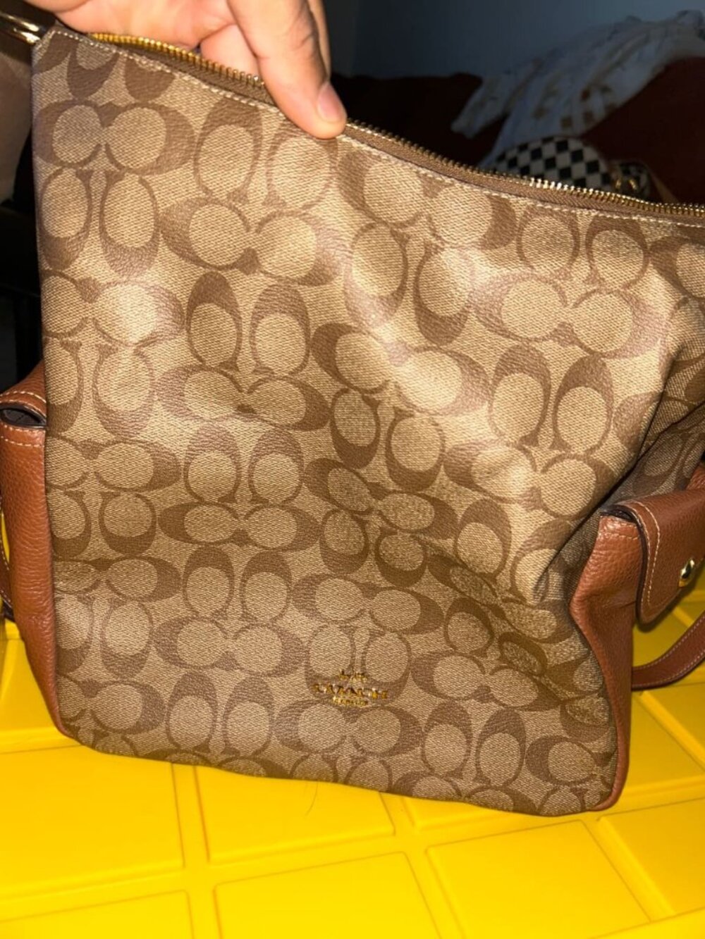 Coach Pennie Shoulder Bag 25 Khaki Signature Canvas / Saddle Leather Trim / Gol…